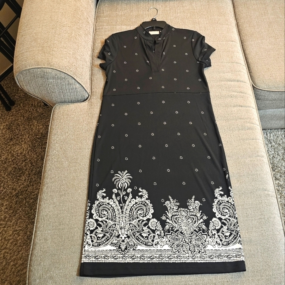 Liz Claiborne Black White Pattern Boho Casual Office Career Midi Dress Medium
